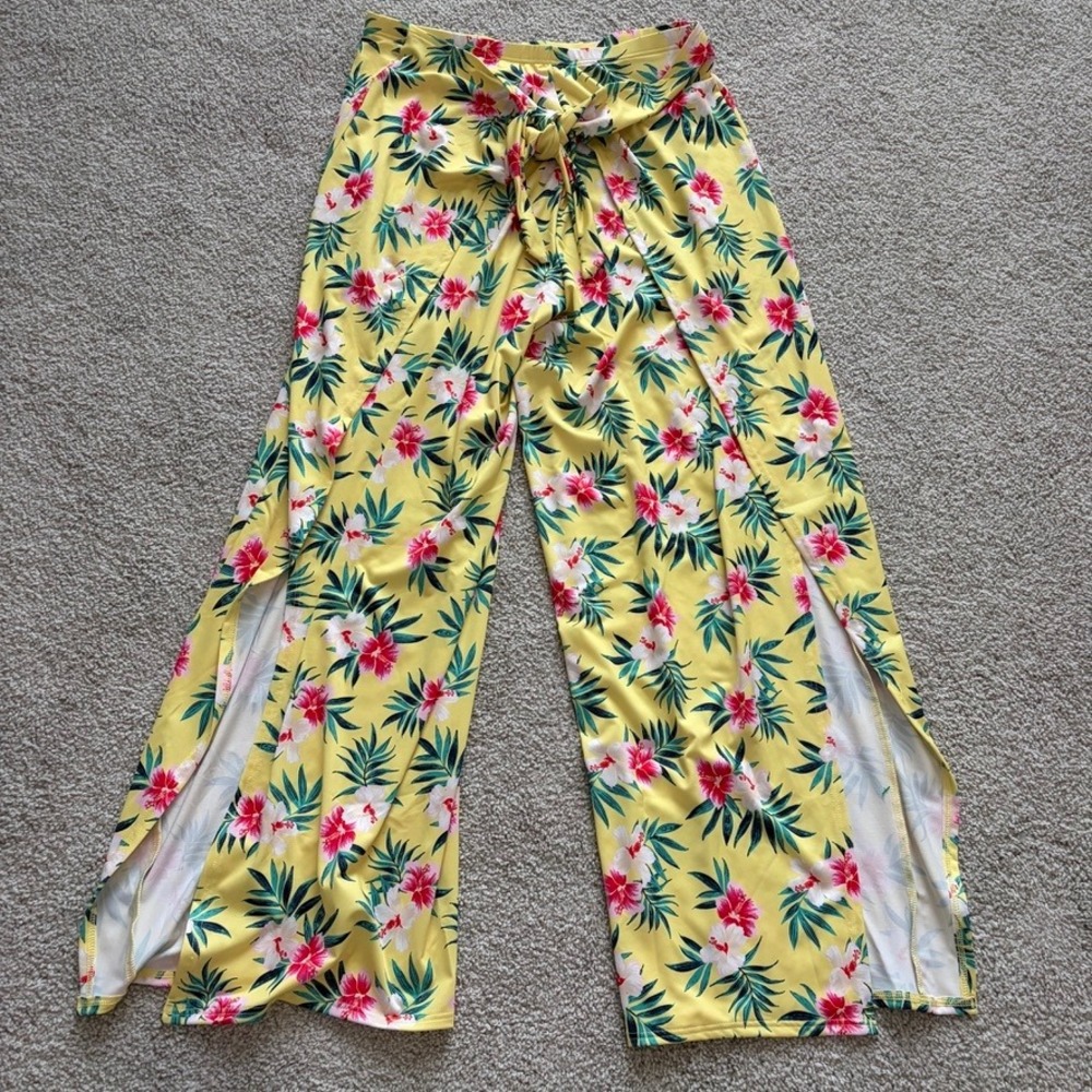 Lands End Pareo Swim‎ Pants Womens XS Yellow Floral Resortwear Cover Up Beach